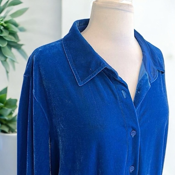 Soft Surroundings Blue Velour Boyfriend Button Down Tunic Shirt - Picture 13 of 16